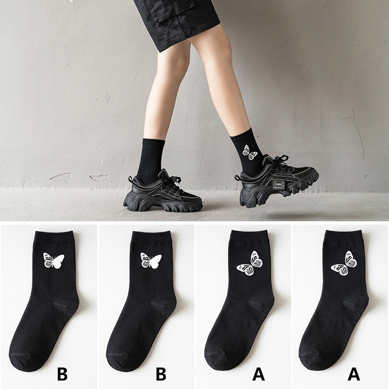 Black socks women luminous butterfly tube socks